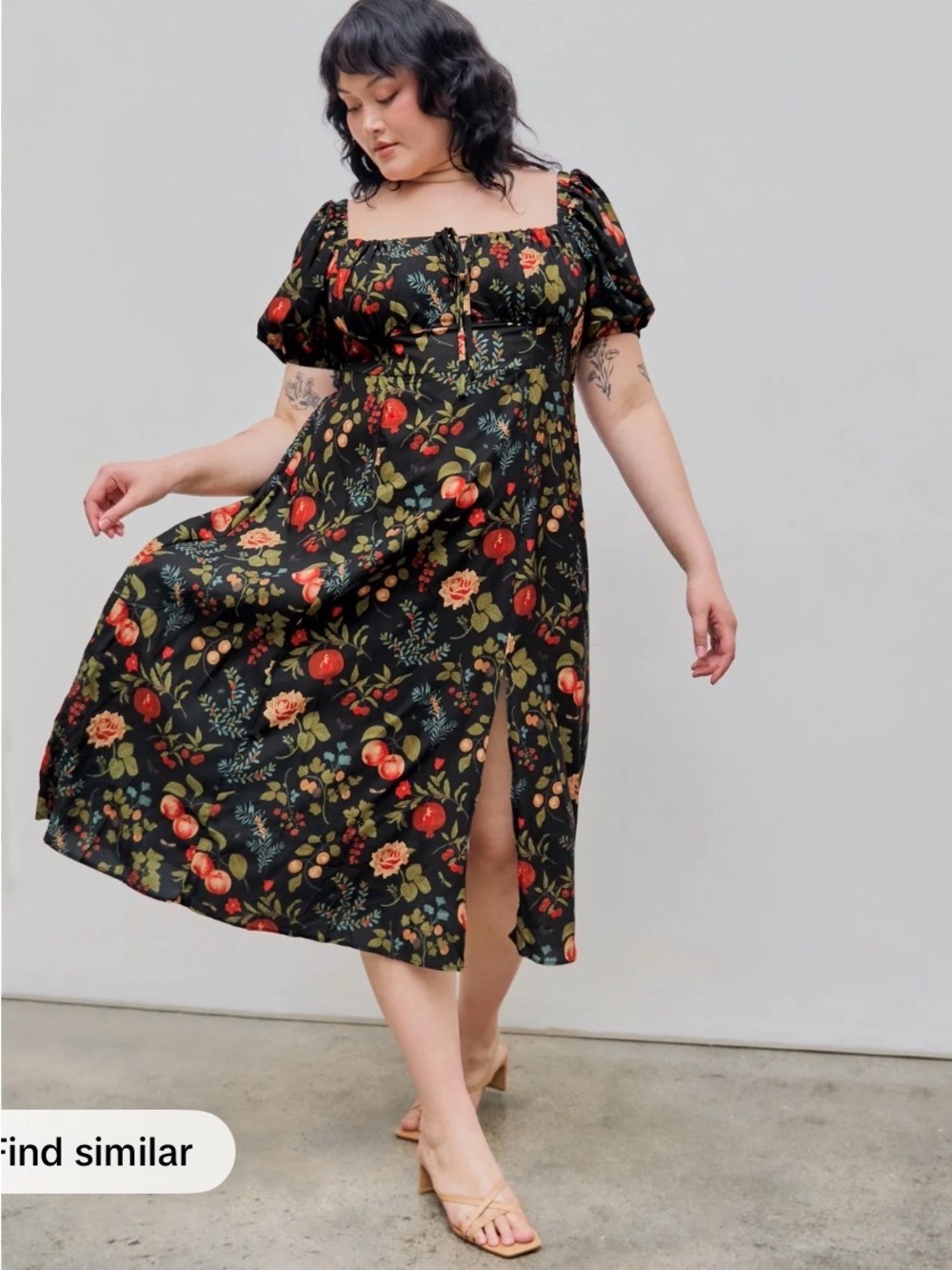 Cider Black Floral Square-Neck Midi Dress with Sleeves